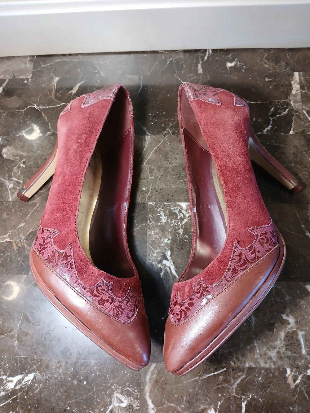 Reba Burgundy Suede & Leather Pointed Toe Pumps